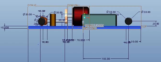 CAD side view of the drivetrain: differential, gears and motor in a line, with the battery behind the motor and dimension lines below.
